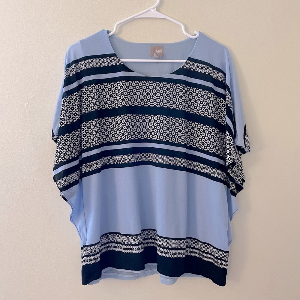 Chico’s blue and black striped short‎ sleeve summer blouse top flutter sleeve